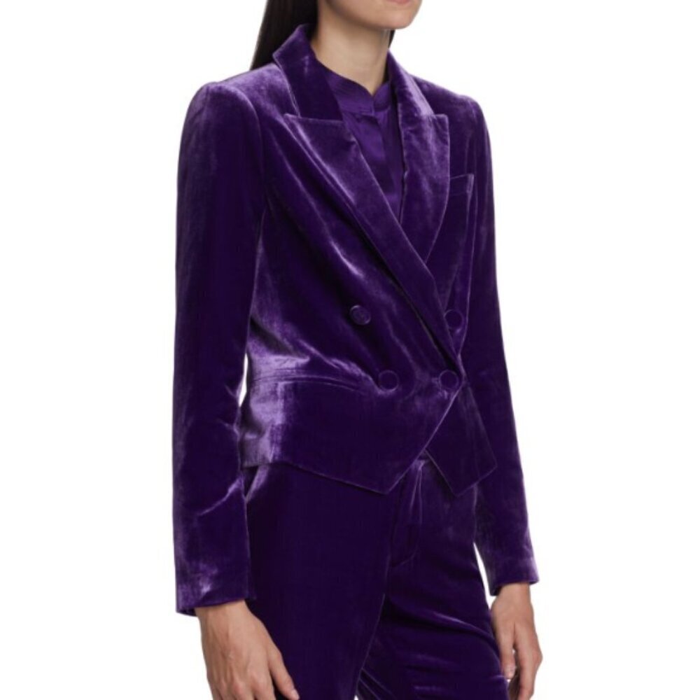 L'AGENCE 'Rory' Cropped Double-Breasted Velvet Blazer, Deep Violet - Picture 2 of 4